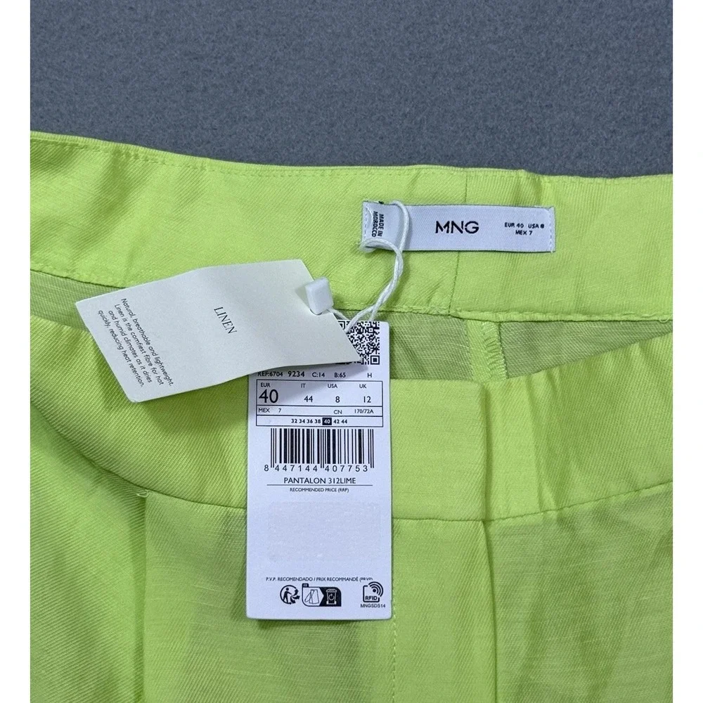 MNG By Mango Pants And Womens 8 (32x31) Lime Green Linen Wide Leg Boho USA NEW